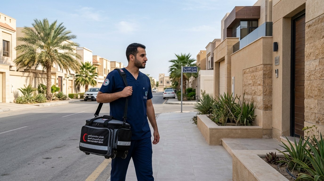 أخصائي علاج طبيعي مرخص يقدم جلسة تأهيل حركي منزلي لمريض في أحد أحياء مدينة الدمام