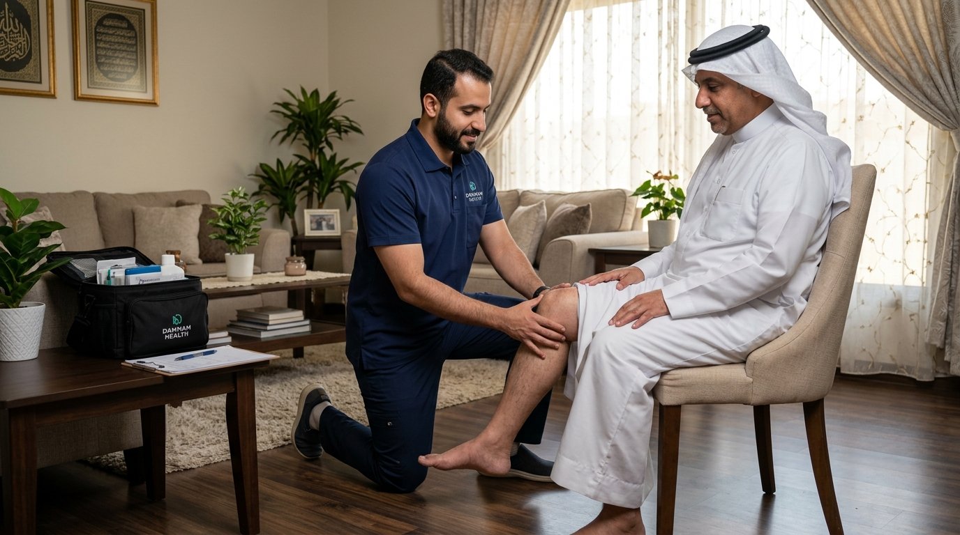 أخصائي علاج طبيعي مرخص يجري فحصاً سريرياً حركياً لمريض داخل المنزل بالدمام