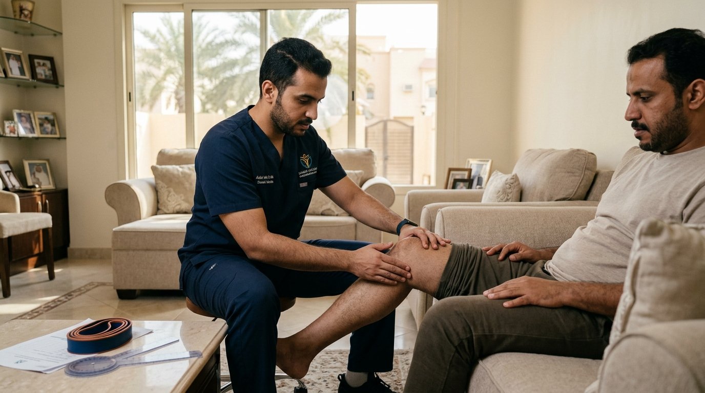 أخصائي علاج طبيعي مرخص يفحص حركة مفصل الركبة ويدرب المريض على التوازن في منزل بالدمام