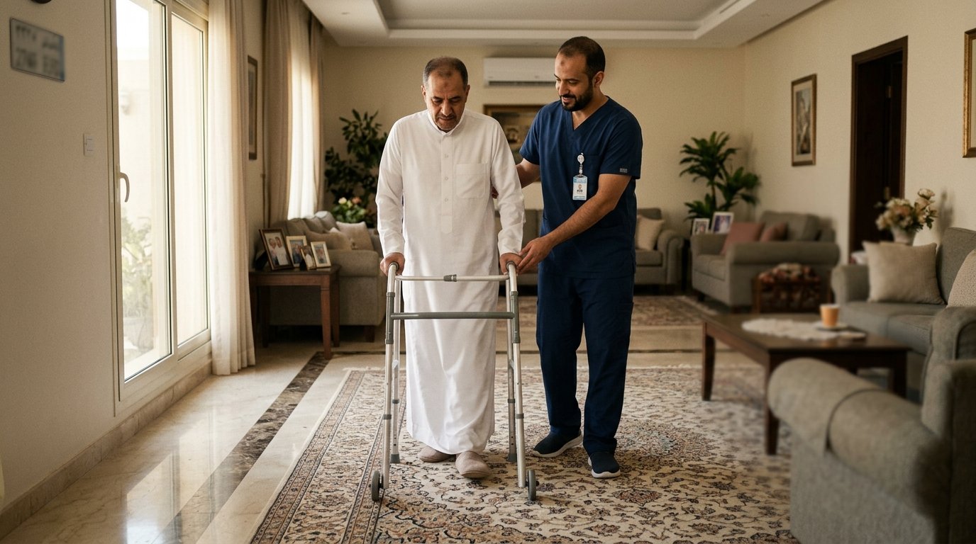 أخصائي علاج طبيعي مرخص يدرب مريض سكتة دماغية على التوازن الحركي والمشي داخل منزله بالدمام