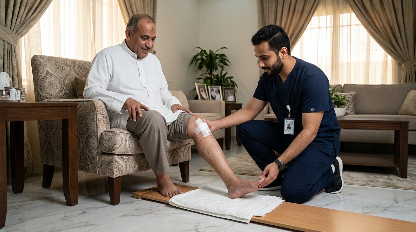 أخصائي علاج طبيعي مرخص يدرب مريضاً على المشي بالمشاية بعد جراحة تغيير مفصل الركبة في الدمام